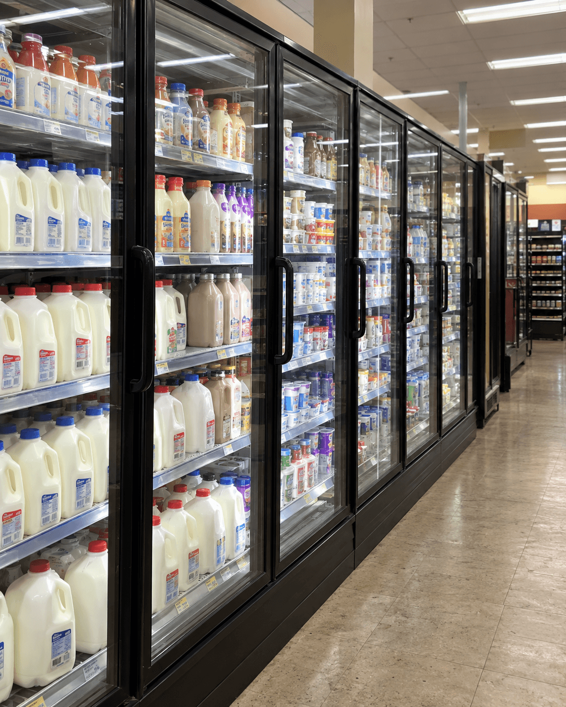 Illustrative refrigerated display cases in a neighborhood grocery store