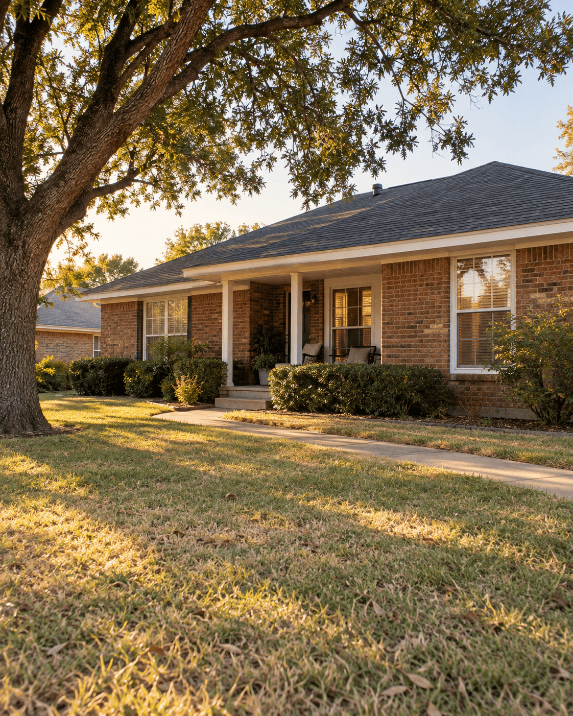 Illustrative single-story brick home with a shaded front porch
