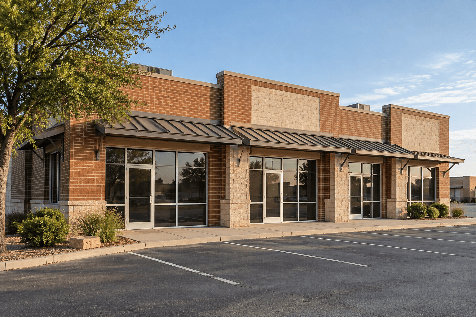 Illustrative brick storefronts at a single-story commercial center